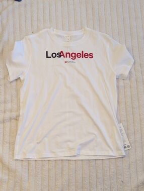 lululemon athletica White 'Los Angeles' Short Sleeve Tee with Black and Red Logo